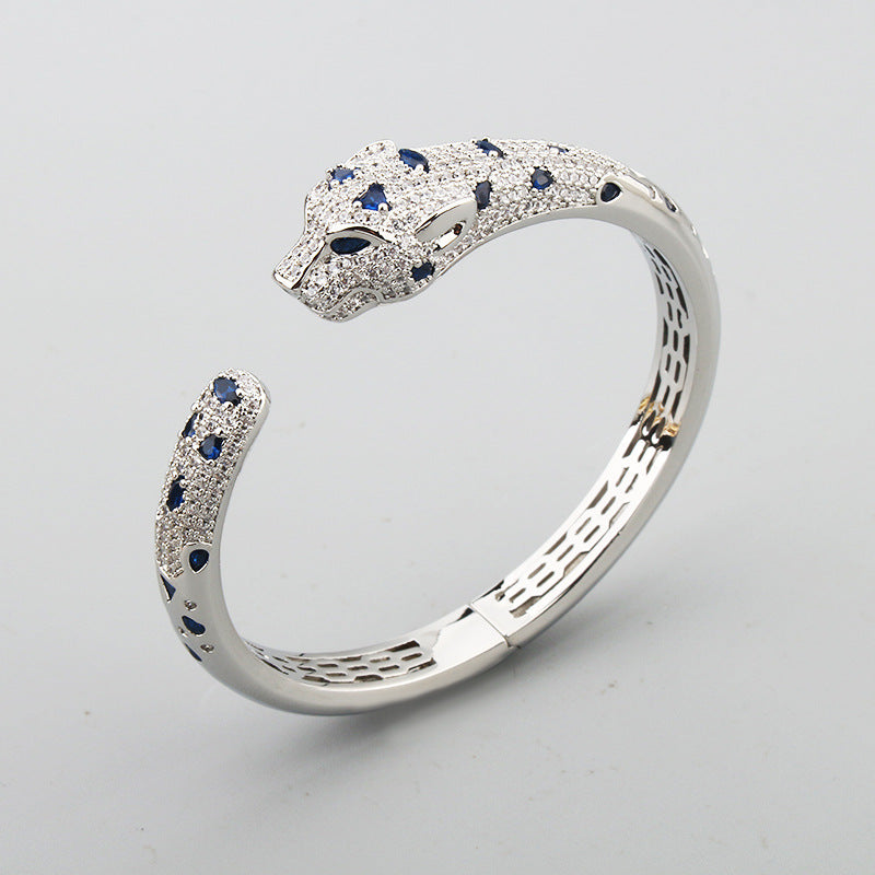 White Gold Plated Crystals Black Enamel Leopard Bracelet