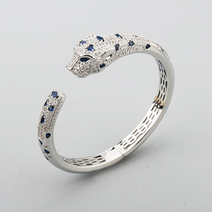 White Gold Plated Crystals Black Enamel Leopard Bracelet