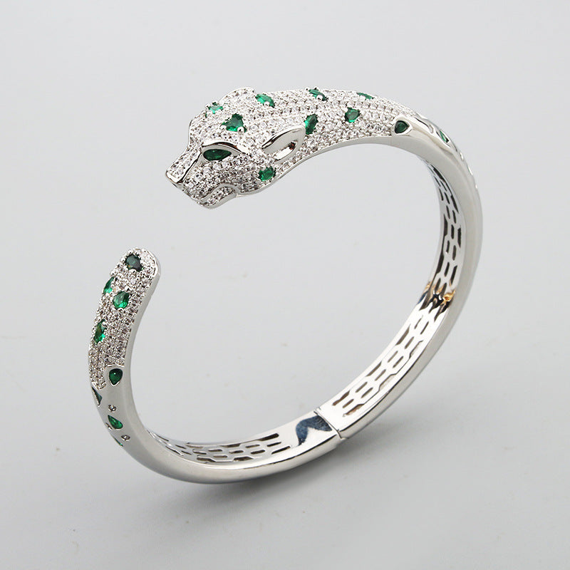 White Gold Plated Crystals Black Enamel Leopard Bracelet