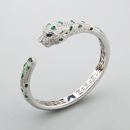 White Gold Plated Crystals Black Enamel Leopard Bracelet