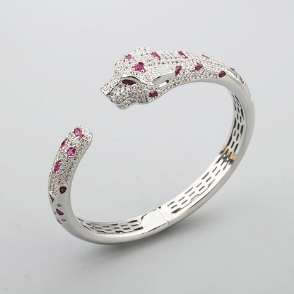 White Gold Plated Crystals Black Enamel Leopard Bracelet