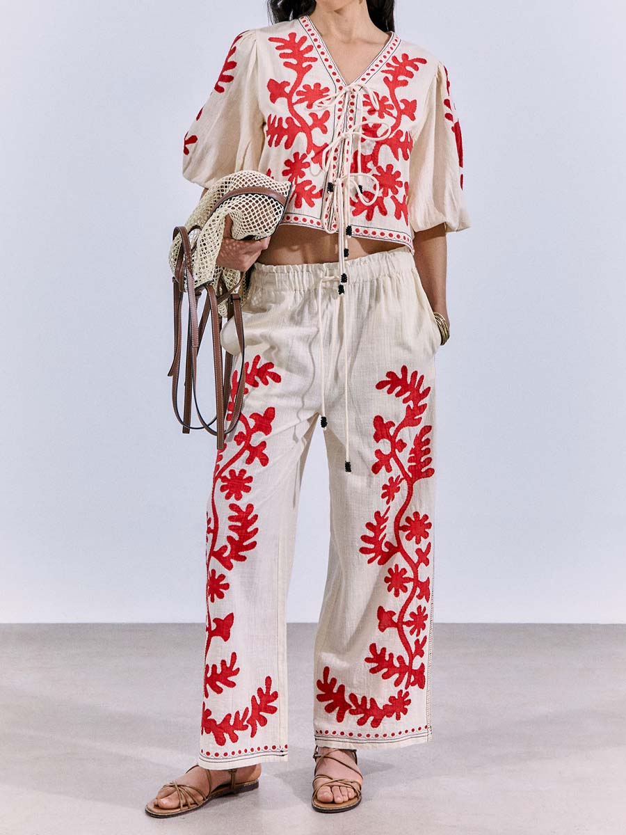 Embroidered Lace-up 2-piece Set