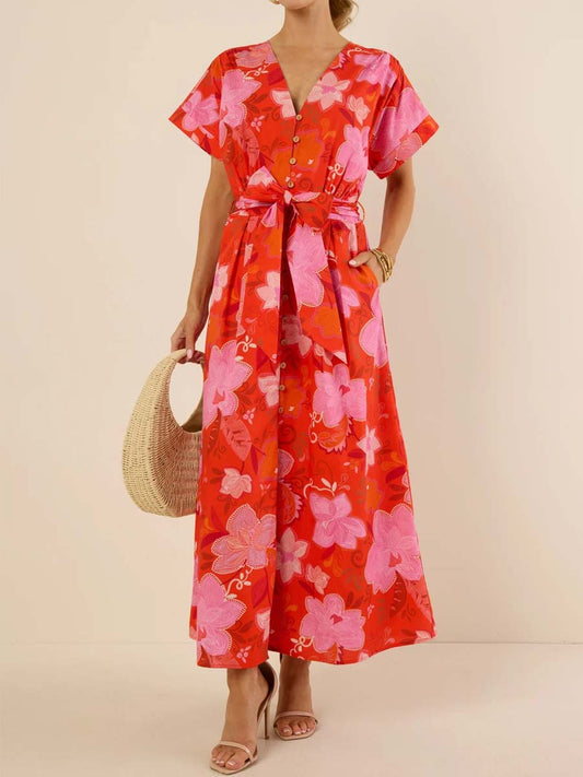 Floral Print V-neck Button-front Belted Dress