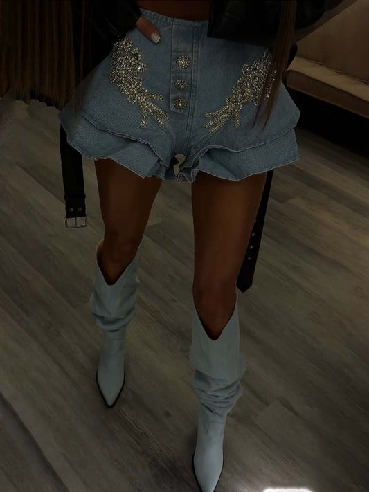 Rhinestone Sparkle Flouced Denim Shorts