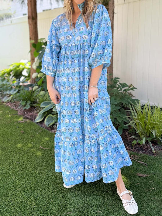 Split Neck Printed Balloon Sleeve Loose Dress