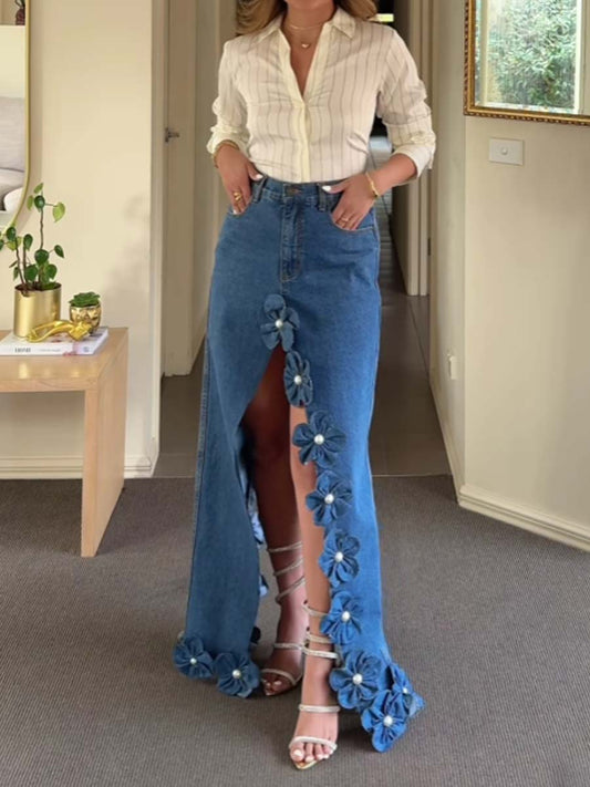 3D Flower Asymmetric Hem Denim Maxi Skirt