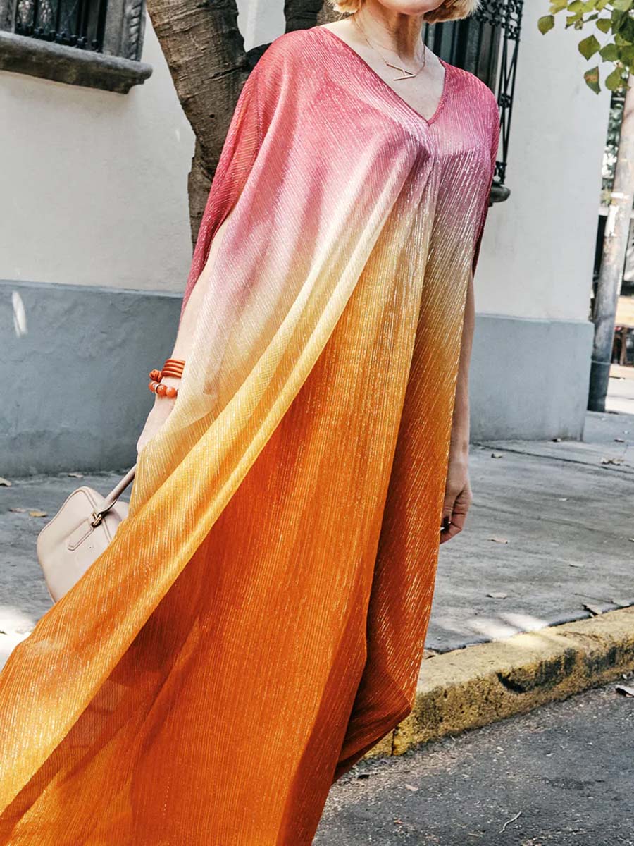 Printed V Neck Batwing Sleeve Maxi Dress