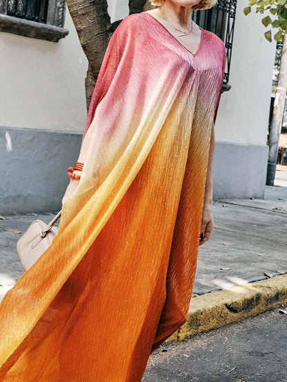 Printed V Neck Batwing Sleeve Maxi Dress