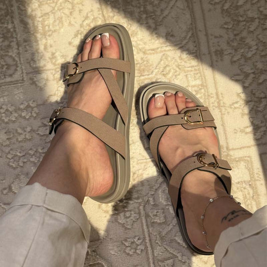 Ring-Button Platform Sandals