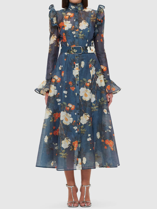 High Collared Neck Printed Ruffled Dress