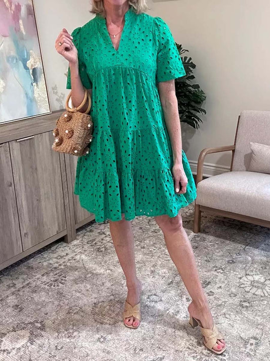 V-neck Hollow-out Embroidered Dress