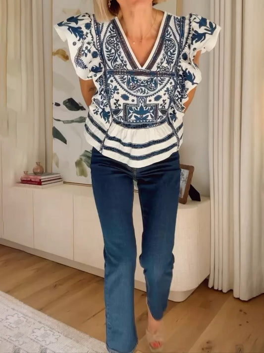 Flutter-Sleeve Embroidered Babydoll Blouse