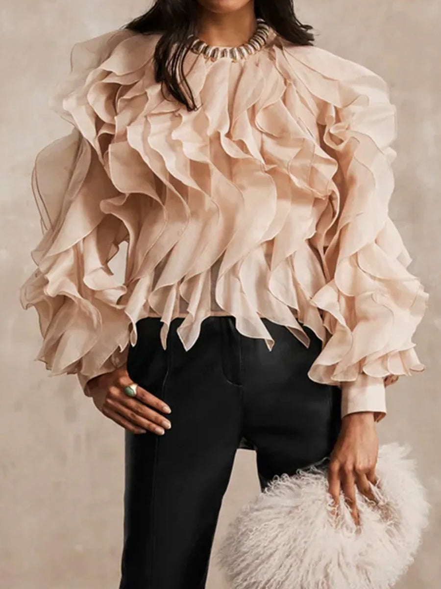 See-through Flouced Long Sleeve Blouse