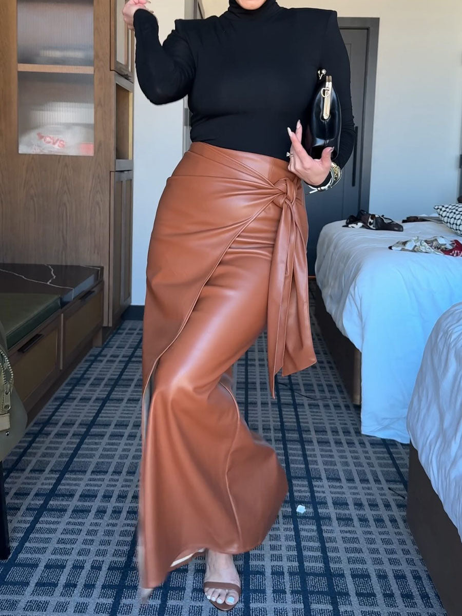 Side Drape Waist Tie Accent PU Skirts