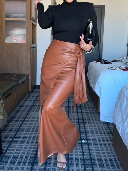 Side Drape Waist Tie Accent PU Skirts