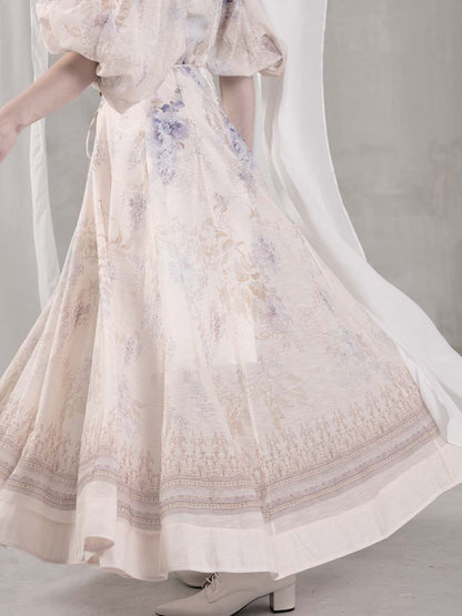 Elegant Printed V Neck Puff Sleeve Dress