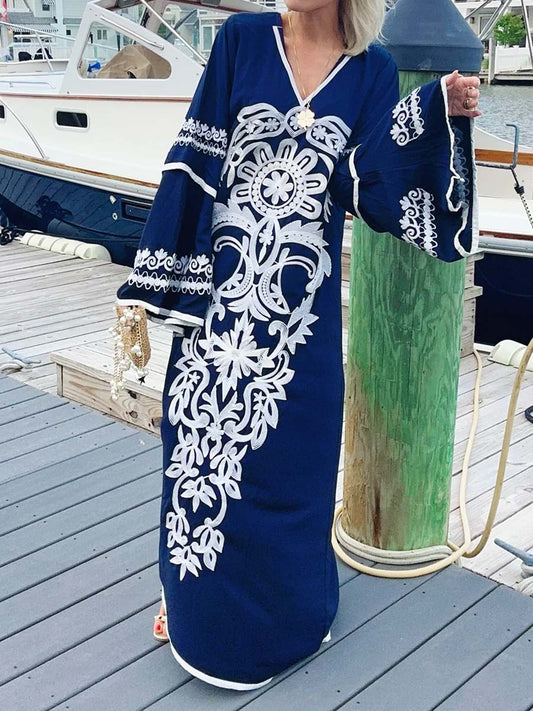 Embroidered V Neck Loose Maxi Dress