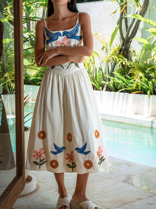 Birds Embroidery Maxi Dress