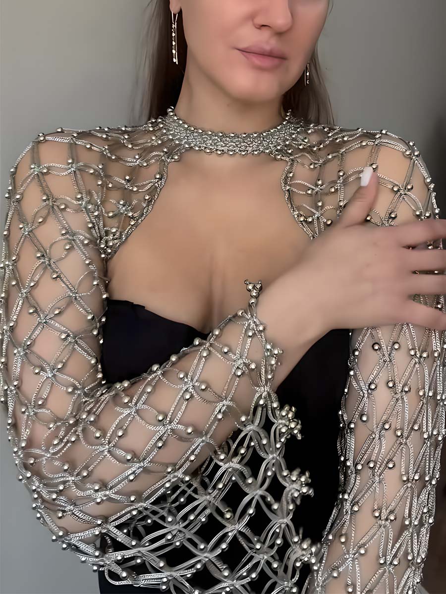 Sexy Beaded Hollow Pearl Woven Shawl Top