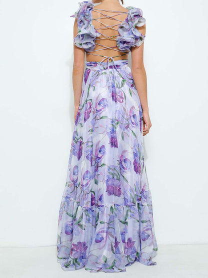 Printed Ruffled Sleeveless Lace-Up Dress