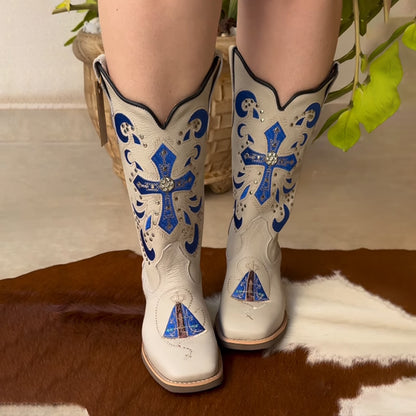 Embroidered Low-heel Square-toed Boots
