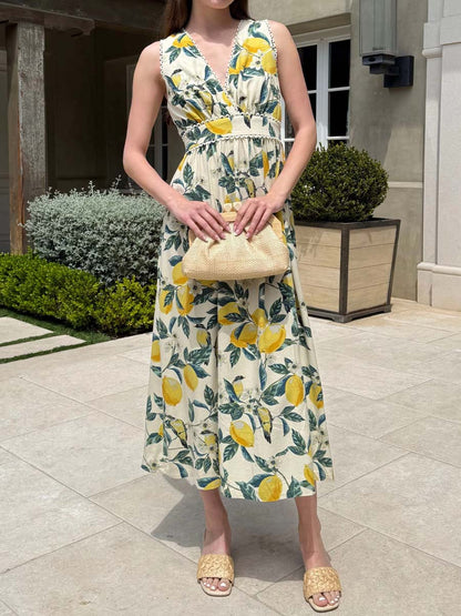 Printed V Neck Sleeveless Elastic Waist Dress