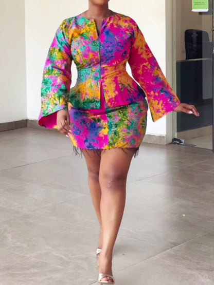 Tie-dye Flared Sleeve Two Pieces Dress