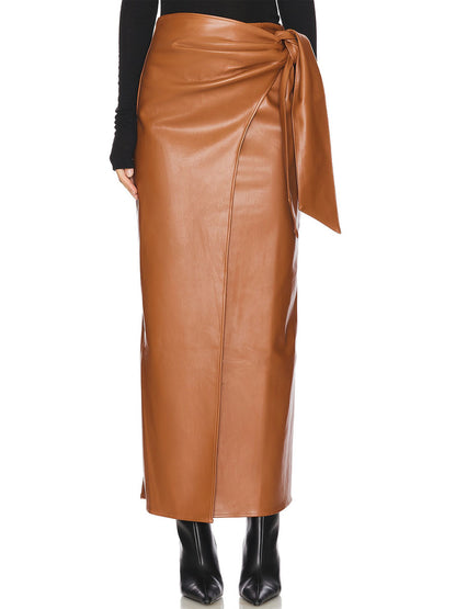 Side Drape Waist Tie Accent PU Skirts