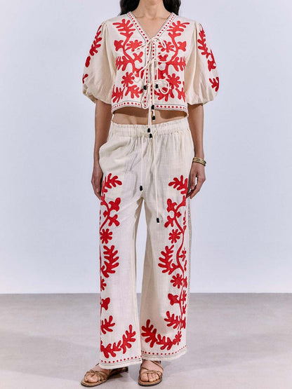 Embroidered Lace-up 2-piece Set