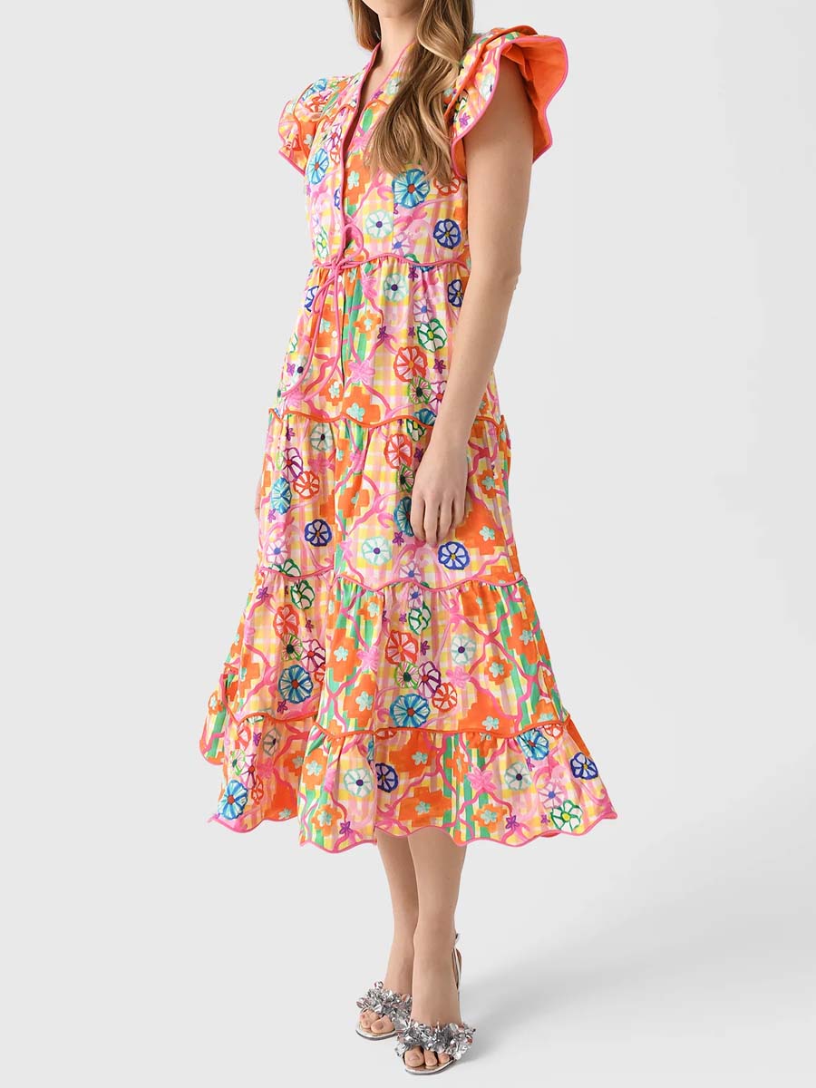 Ruffled Sleeve V Neck Printed Maxi Dress