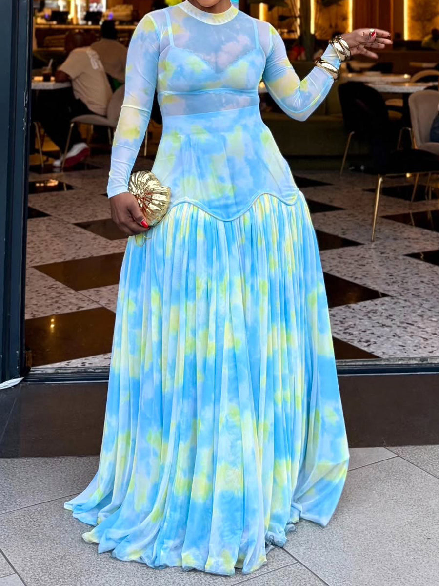 See-through Printed Patchwork Maxi Dress