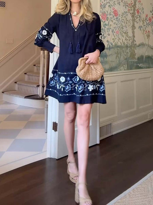 Embroidered V Neck Long Sleeve Dress