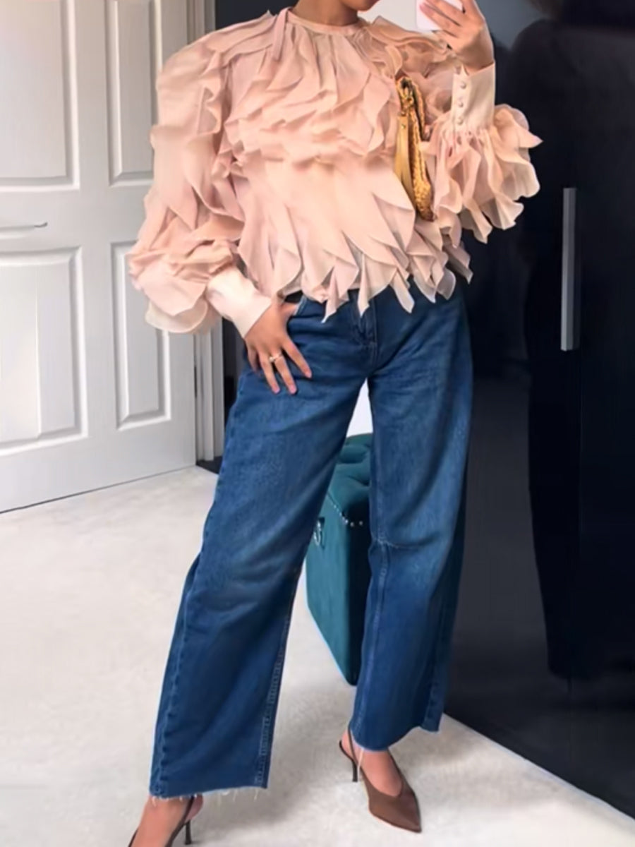 See-through Flouced Long Sleeve Blouse