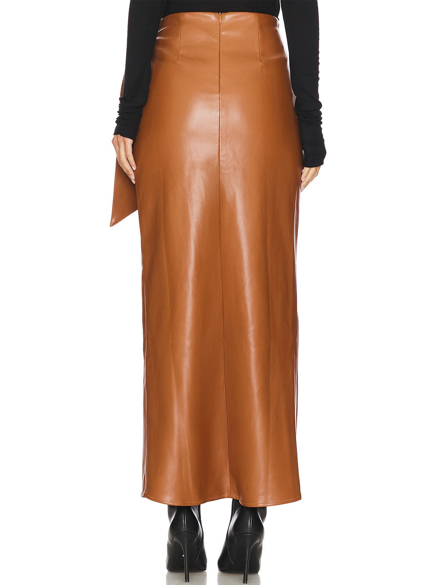 Side Drape Waist Tie Accent PU Skirts