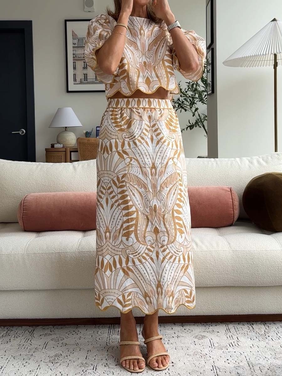 Printed Elbow-length Sleeve Two Pieces Dress