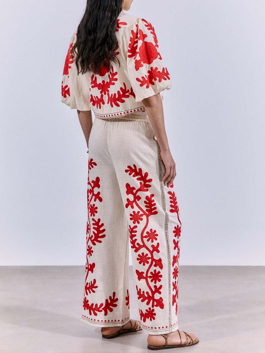 Embroidered Lace-up 2-piece Set