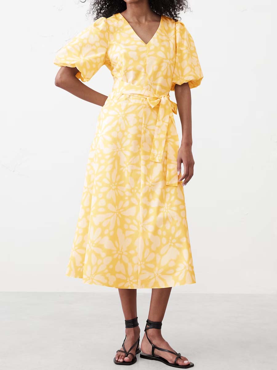 Floral Print V Neck Puff Sleeve Belted Dress