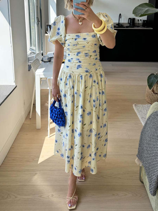 Printed Puff Sleeve Square Collar Dress