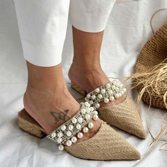 Pointed Pearl Detail Slippers