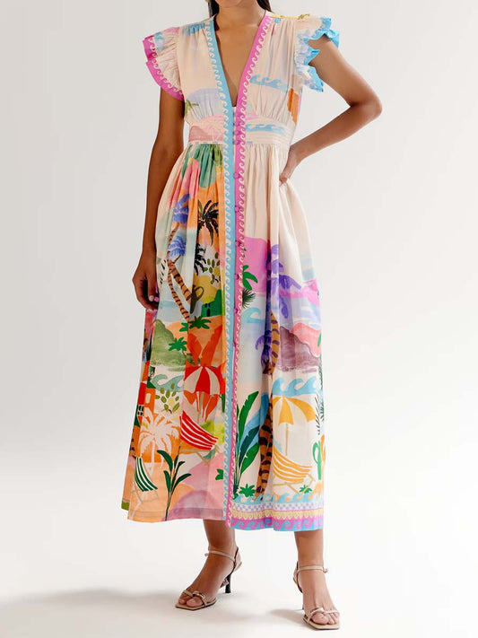 Deep V Neck Printed Maxi Dress