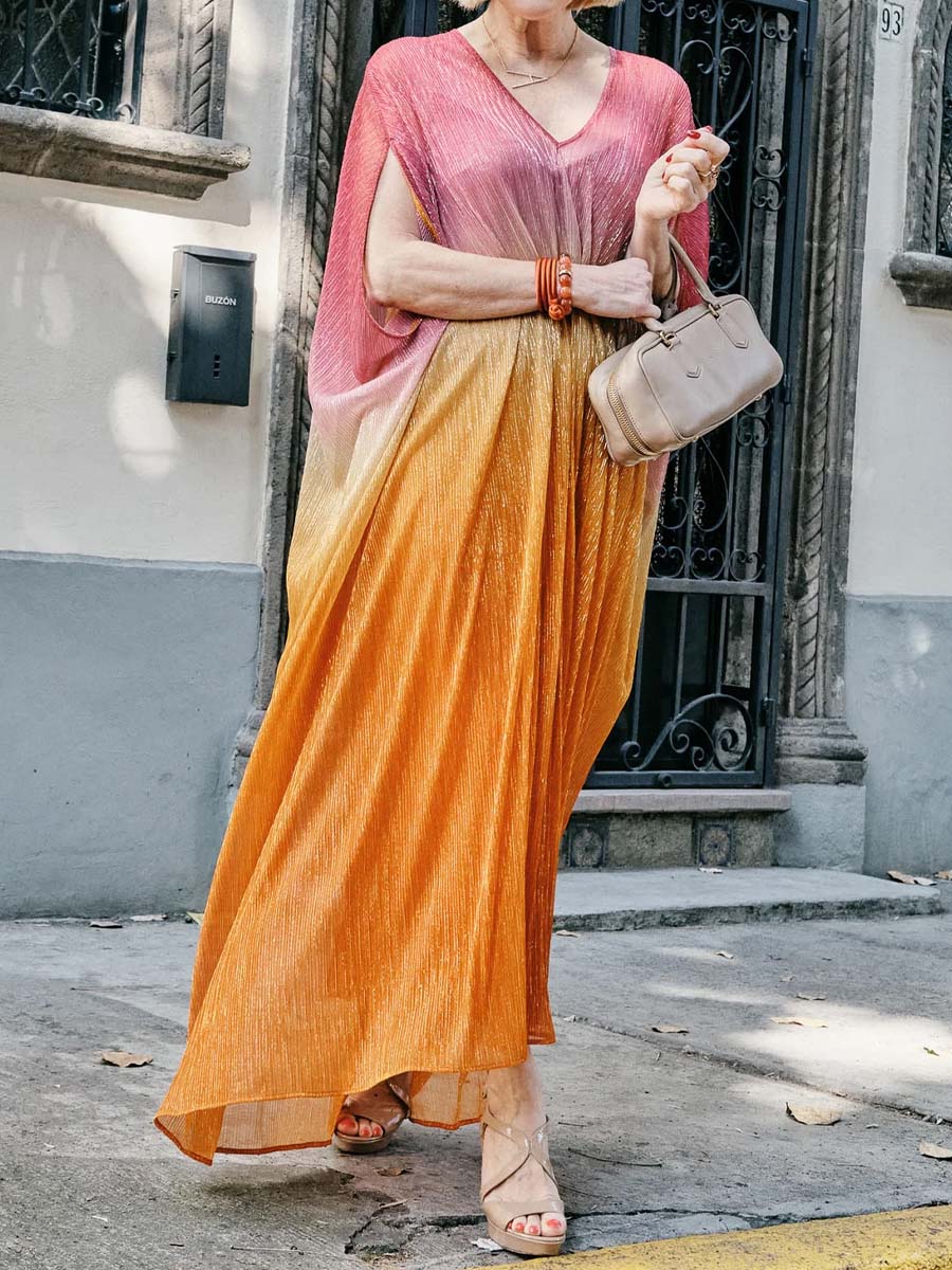 Printed V Neck Batwing Sleeve Maxi Dress