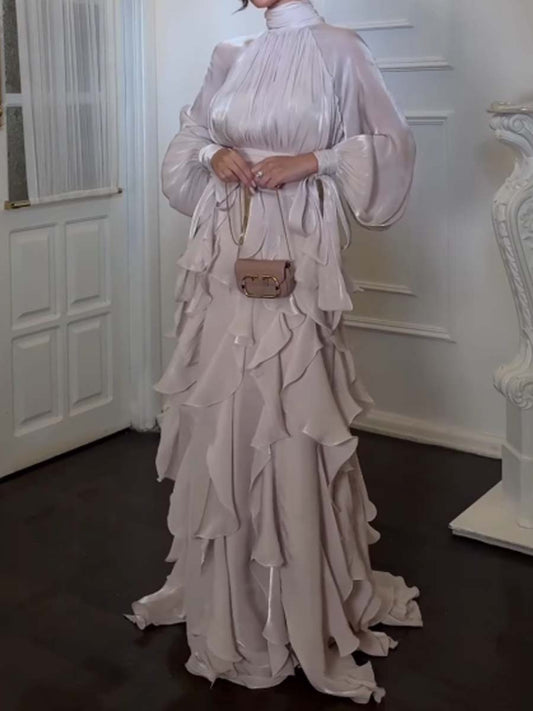 Elegant Flouced Lace Up Maxi Dress