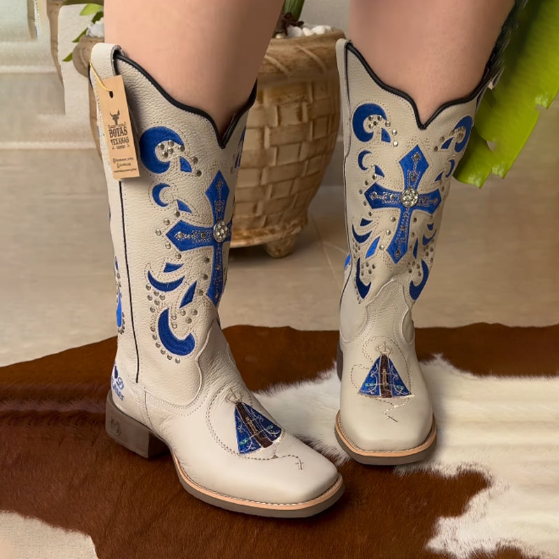 Embroidered Low-heel Square-toed Boots