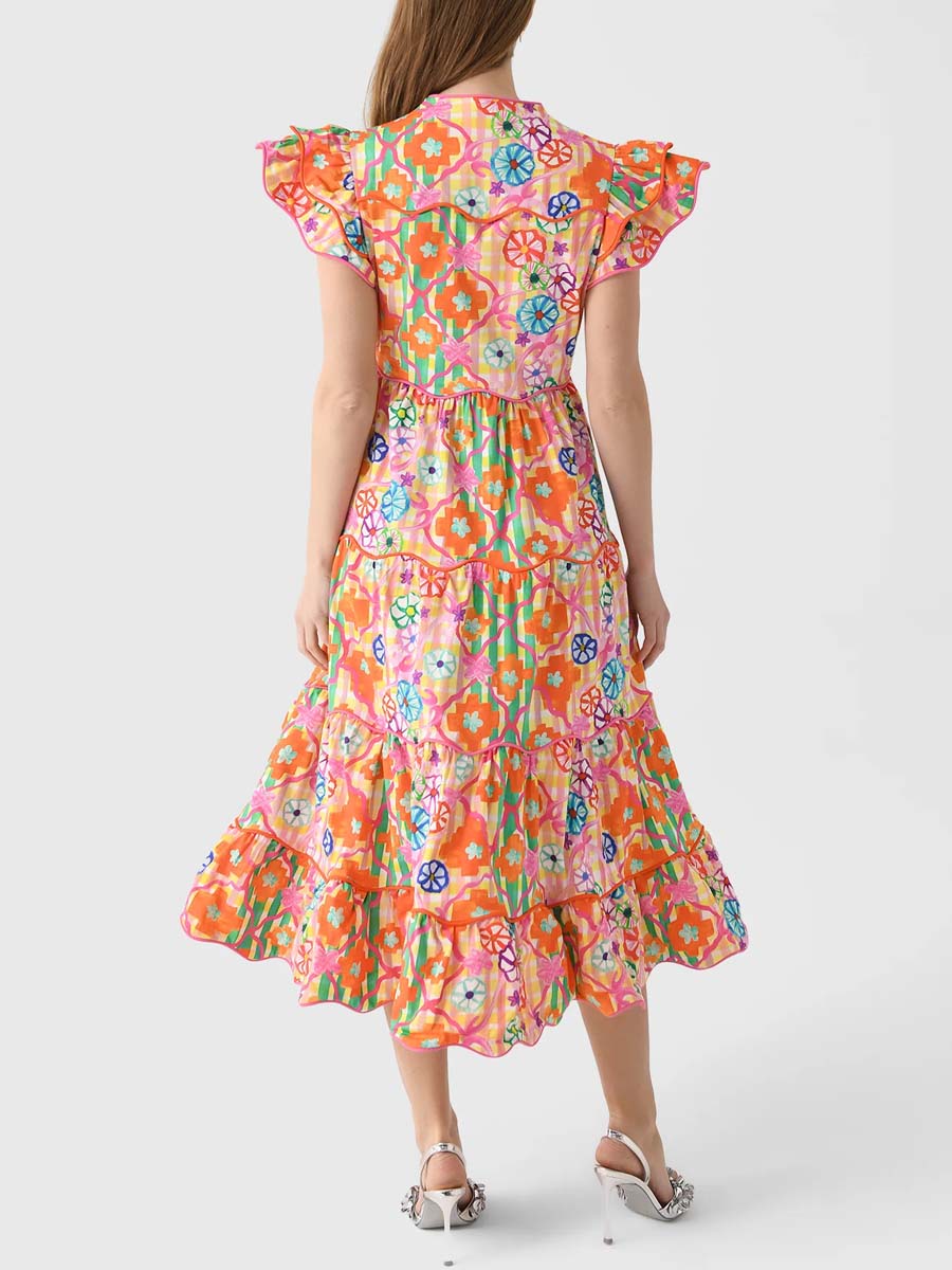 Ruffled Sleeve V Neck Printed Maxi Dress