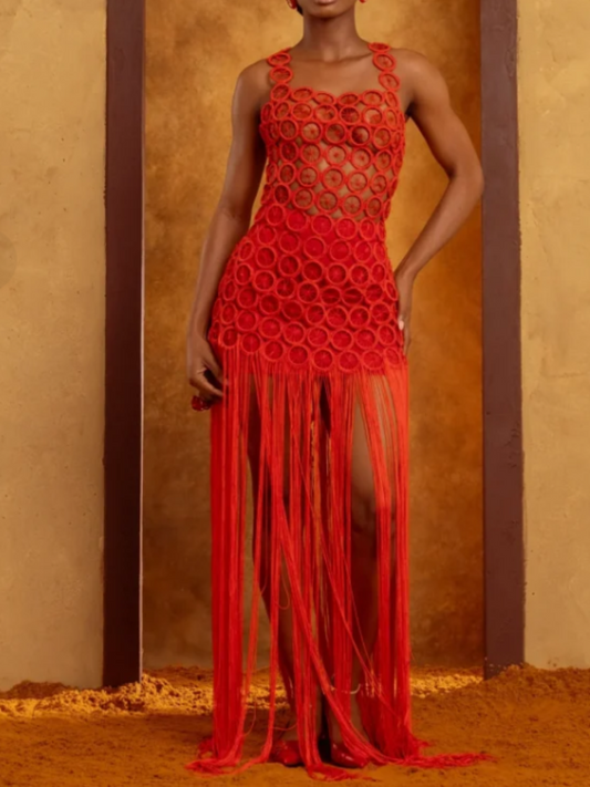 Grid Tassel Sling Dress