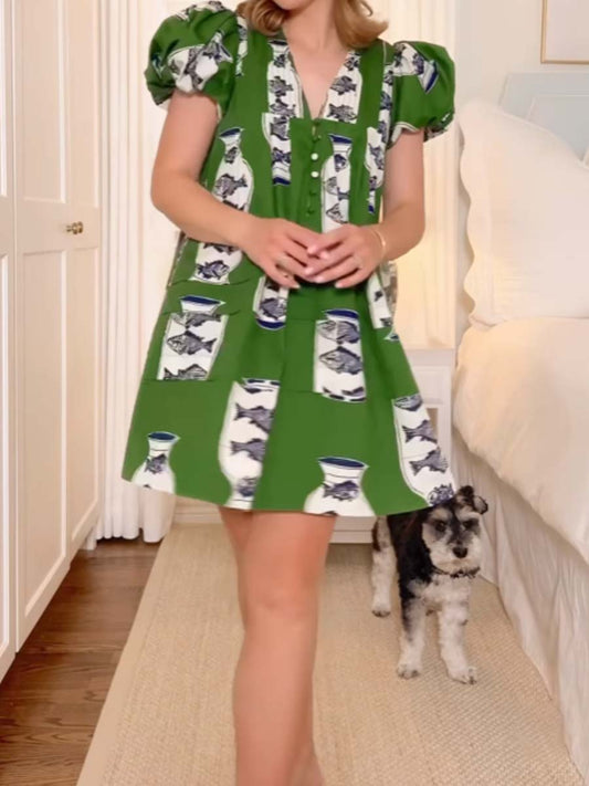 Puff Sleeve Pleated Mini Dress