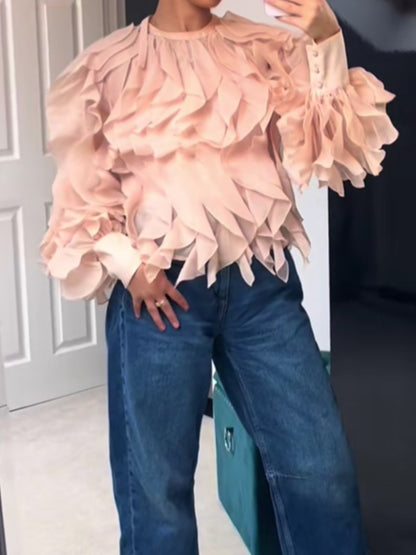 See-through Flouced Long Sleeve Blouse