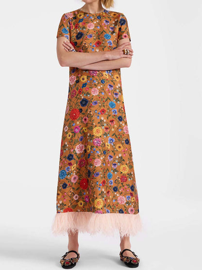 Elegant Feather Patchwork Printed Dress