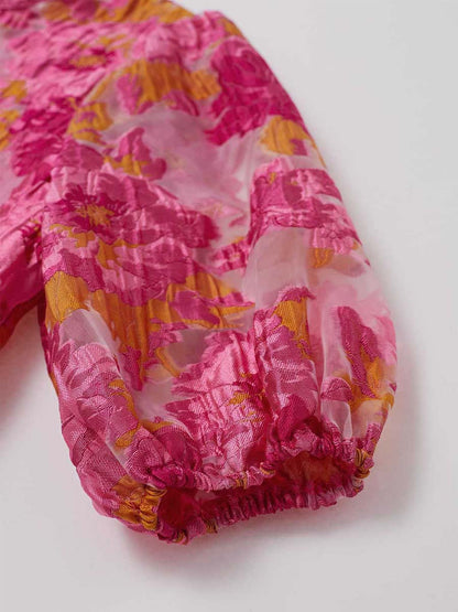 Floral Jacquard Puff Sleeves Organza Dress