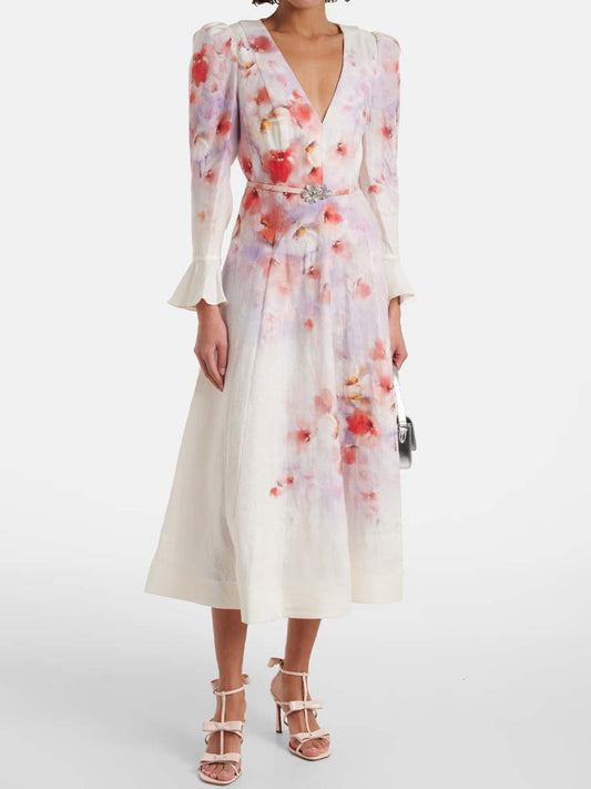 Floral Print Flare Sleeve Elegant Dress